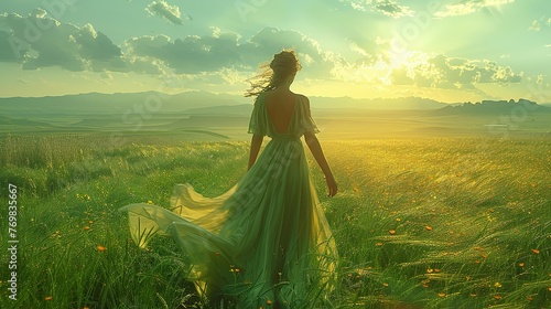 Woman walking in green windy field with tall grass wearing long dress