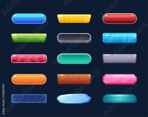 Game buttons. Vector set of game design interface with glossy button, border, icon, rectangle frames for ui design, mobile app, logo, stickers, video. User interface elements. Wooden and water texture