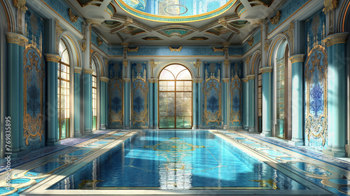 a beautiful blue swimming pool in a fancy room. ai generated image.