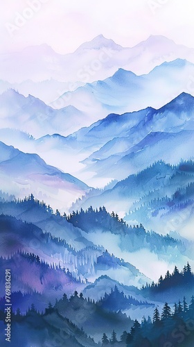 Misty watercolor mountains, cool blues and purples, eye level, serene majesty