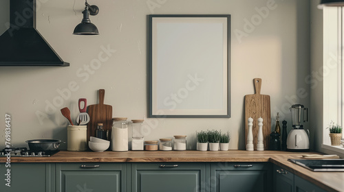 Modern style kitchen with a close up of a mock up poster frame © standret
