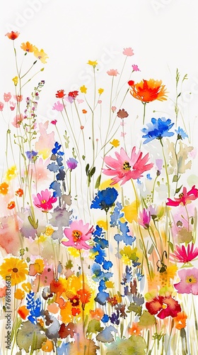 Spring meadows with wildflowers, bright colors, ground level, cheerful, watercolor bloom 