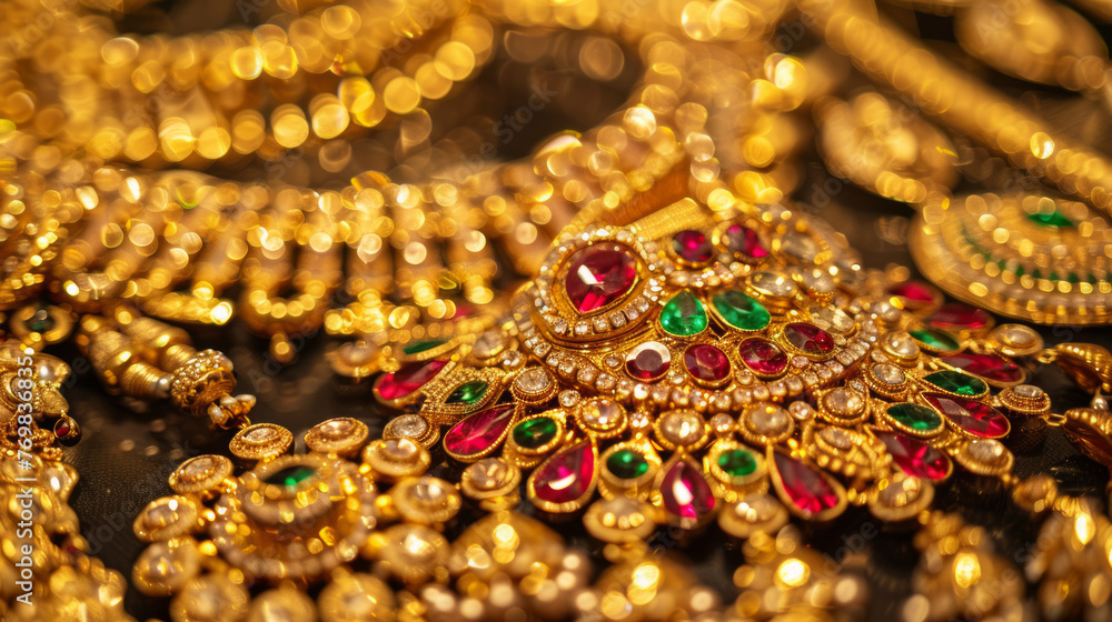 Close-up of opulent gold jewelry studded with bright precious gems, showcasing intricate designs and craftsmanship