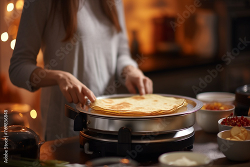 Woman cooking delicious crepe on electrical pancake maker in kitchen