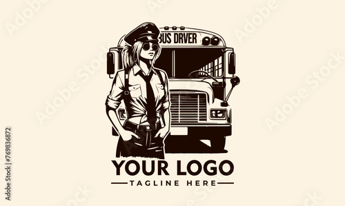 Bus driver logo vintage vibe, distressed edges, minimalist, black and white contrast, retro, pop art style