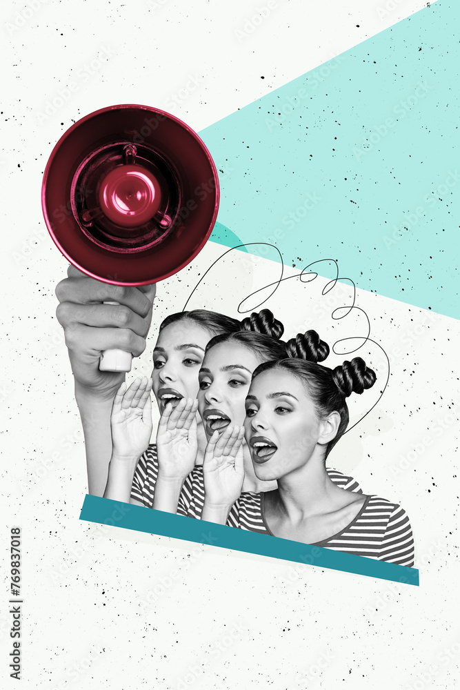 Obraz premium Vertical photo collage of stylish lady speak mouth open hand hold megaphone speaker propaganda protest isolated on painted background