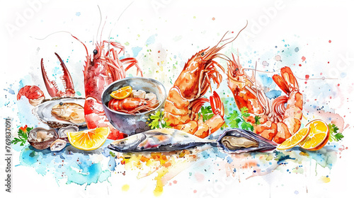 A collection of vibrant watercolor illustrations featuring a variety of seafood dishes,