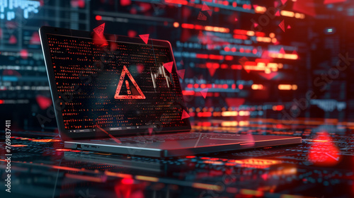 A laptop displaying a warning message amidst a backdrop of error codes,