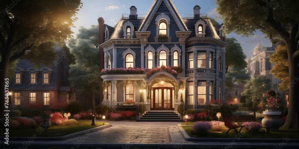 A picturesque Victorian house facade blending seamlessly with a modern living room interior, featuring elegant furnishings, ornate light fixtures, and a warm, inviting ambiance.