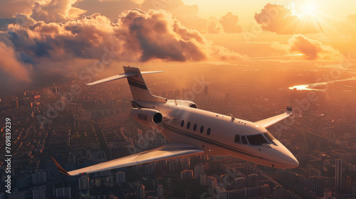 Private white luxury jet flying at sunset over a big city in the sky