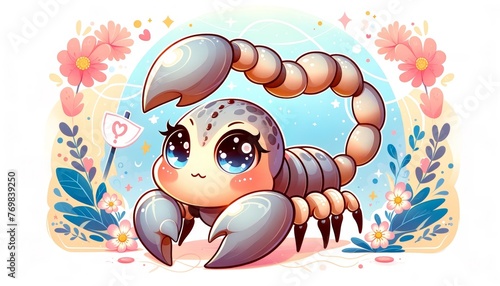 Charming Chibi Crab with Floral Background and Bubbles