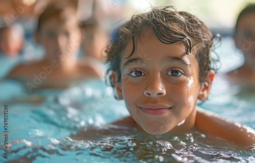 Youngster in an indoor pool receiving swimming instruction with other kids