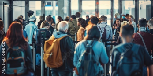 A group of passengers waiting in line at airport security screening.