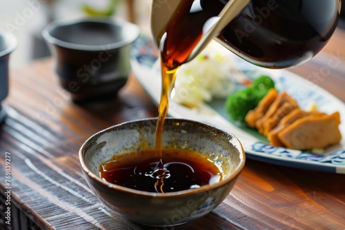 soy sauce being poured into a small dish
