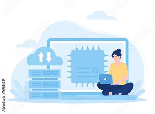 Online database  cloud disk. data storage  laptop applications. information on the monitor screen concept flat illustration