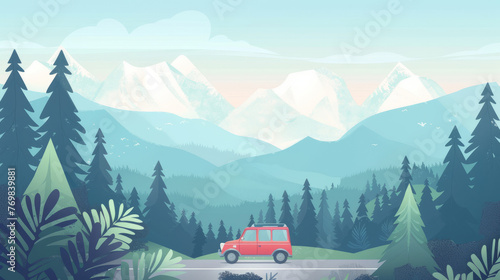 The car drives through the forest on the background of the mountains top view. Travel concept