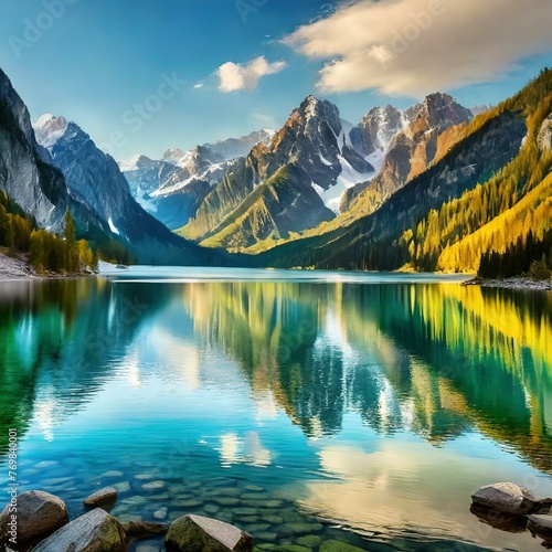 lake in mountains.a picturesque nature poster art featuring mountain reflections in a crystal-clear alpine lake. Focus on capturing the play of light and shadow on the water's surface and the rugged b