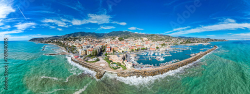 Sanremo, Italy - Aerial view of the beautiful Mediterranean costal village and its marine and beaches photo