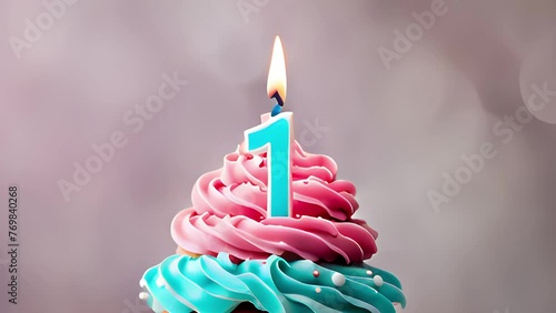 Timlapse with fast sequence of birthday cupcake. 1 years celbration. One Happy birthday animation. First anniversary.