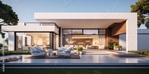 A simple and elegant modern exterior house design seamlessly complementing a modern living room interior, featuring clean lines, minimalist decor, and a soothing color palette.