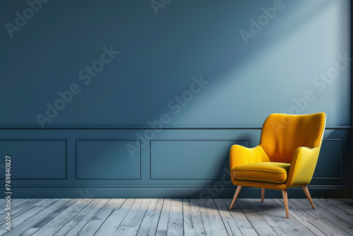 Living room with yellow armchair on empty dark blue wall background.