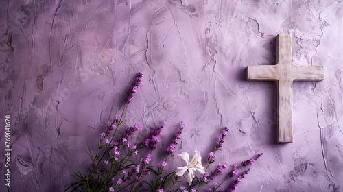 cross on a purple wall with lavender. Easter, Religion, Holiday Wallpaper