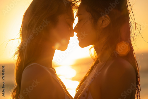 silhouette two sensual women at sunset at beach, love romance friendship diversity 