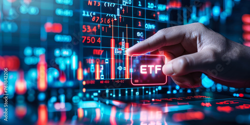 Investment Analyst Touches Virtual ETF Sign over Stock Market Graph Indicating Exchange-Traded Fund Trading Analysis