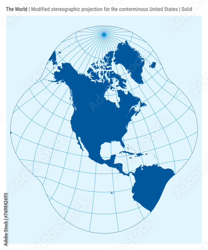 World Map. Modified stereographic projection for the conterminous United States. Solid style. High Detail World map for infographics, education, reports, presentations. Vector illustration. photo