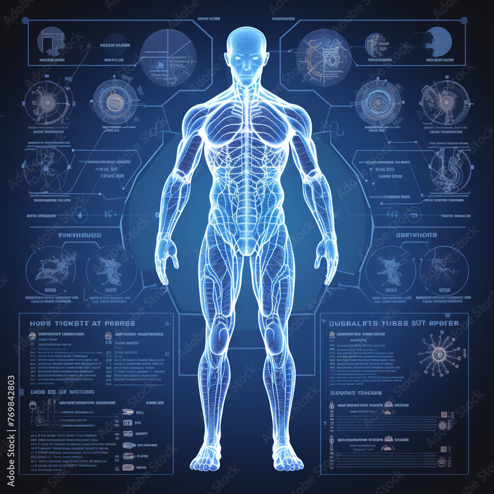 3d rendered illustration of a technology human body analytic, x-ray human body on visual screen. 3d rendered illustration of a technology human body analytic, x-ray human body on visual screen.