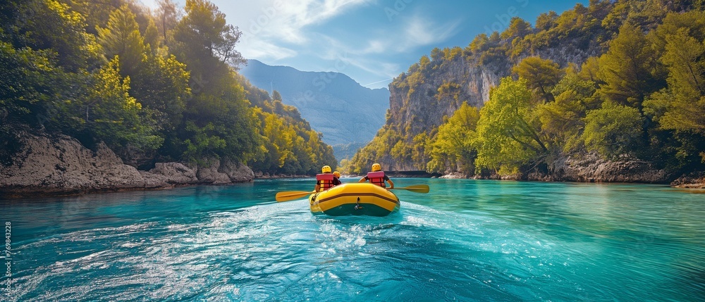 At Goynuk, Turkey, individuals are rafting down the Blue Water Canyon in inflatable boats. - obrazy, fototapety, plakaty 
