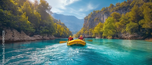 At Goynuk, Turkey, individuals are rafting down the Blue Water Canyon in inflatable boats. photo