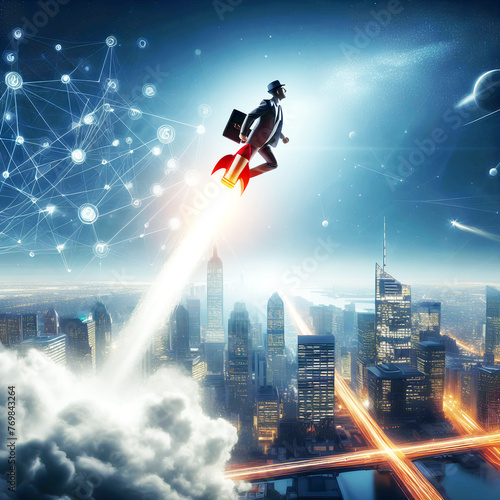 A businessman controlling a rocket launching from his hand towards the sky, symbolizing business growth and startup success - Generative AI