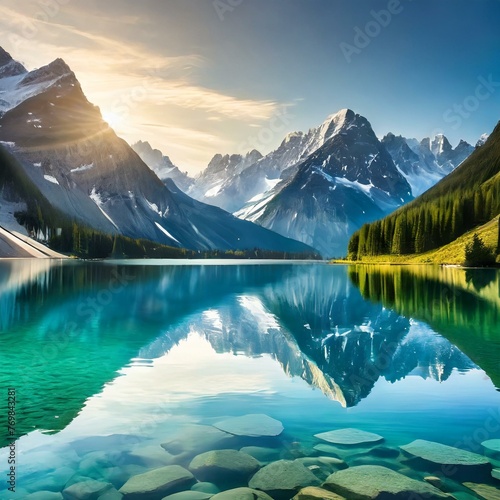 a picturesque nature poster art featuring mountain reflections in a crystal-clear alpine lake. Focus on capturing the play of light and shadow on the water's surface and the rugged beauty of the surro