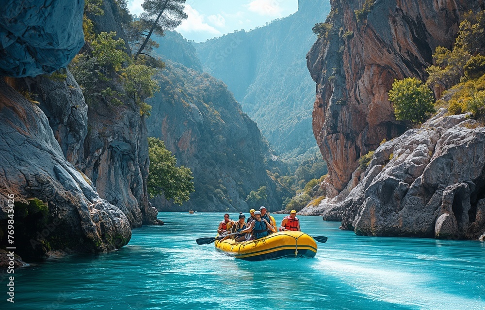 Obraz premium At Goynuk, Turkey, individuals are rafting down the Blue Water Canyon in inflatable boats.