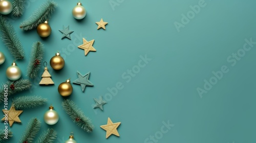 Christmas background with xmas tree objects on white snowy background 