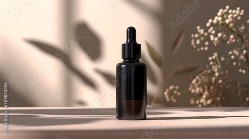 Elegant Black Dropper Bottle on a Textured Surface with Soft Shadows photo