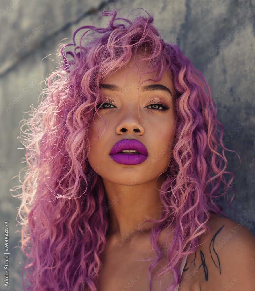 Close-up of a young woman with vivid purple hair and bold lipstick against a textured background. Striking portrait of woman with purple curly hair Close-up of a young woman with vivid purple hair and bold lipstick against a textured background. Striking portrait of woman with purple curly hair