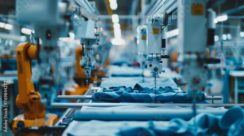 a Textile manufacturing where robots workers winding thread, sewing, stripping
