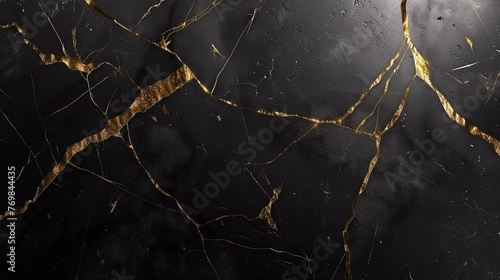Brick kintsugi style with gold cracks. Breaked stone wall, cracked plaster, cracks, for mock up. Rustic old surface. Empty horizontal background for product displaing and copy space for text.
