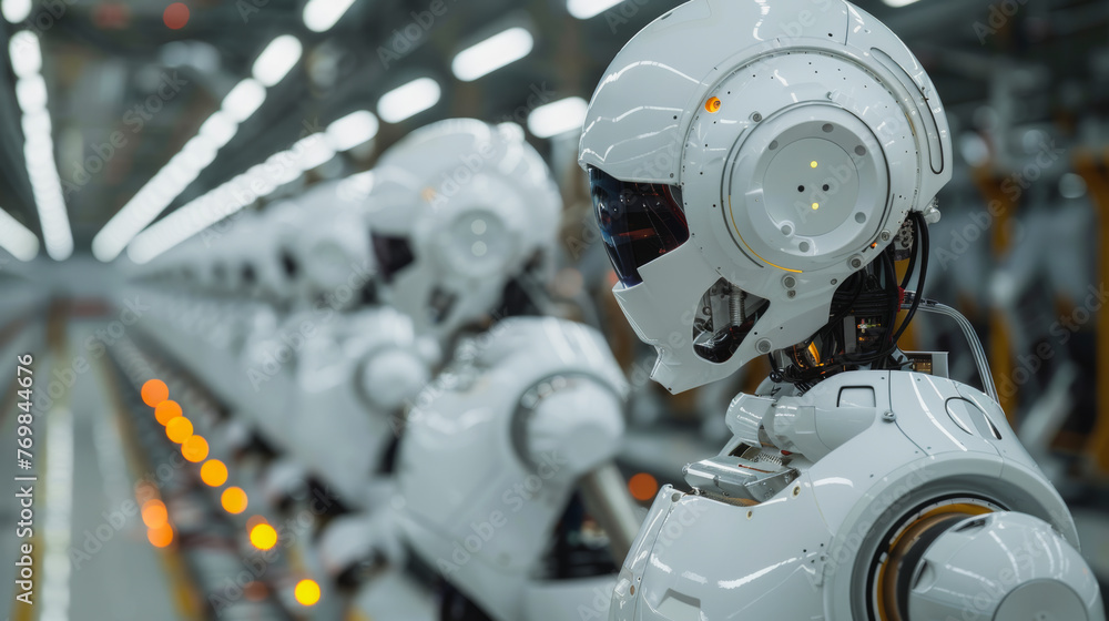 Fototapeta premium a Textile manufacturing where robots workers winding thread, sewing, stripping