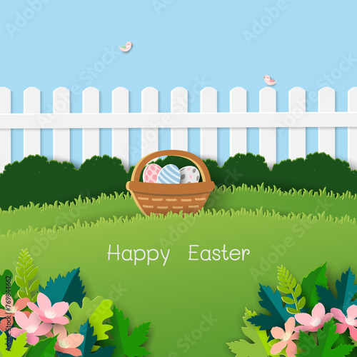 Happy Easter background on paper cut and craft style