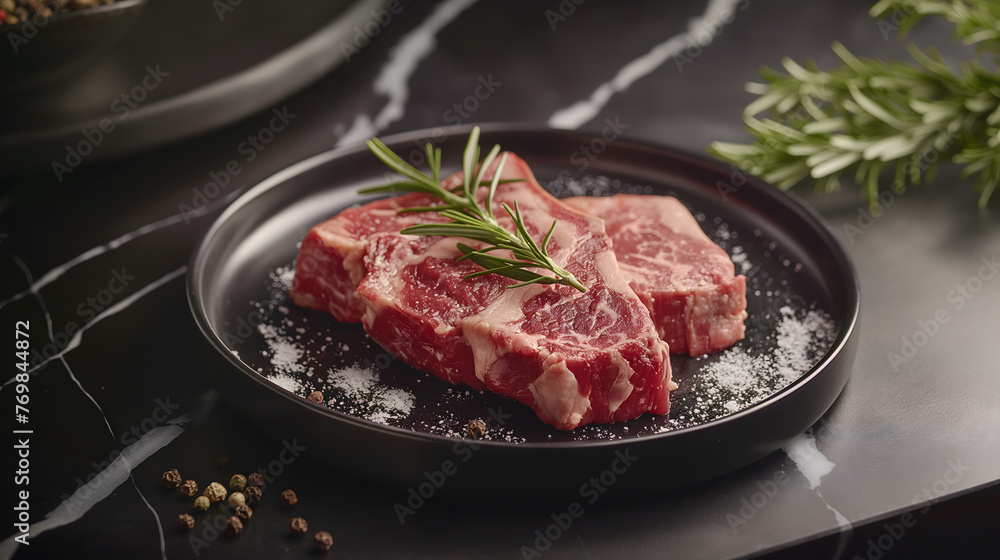 Raw Lamb Chop with Rosemary and Spices on Marble Background Raw Lamb Chop with Rosemary and Spices on Marble Background