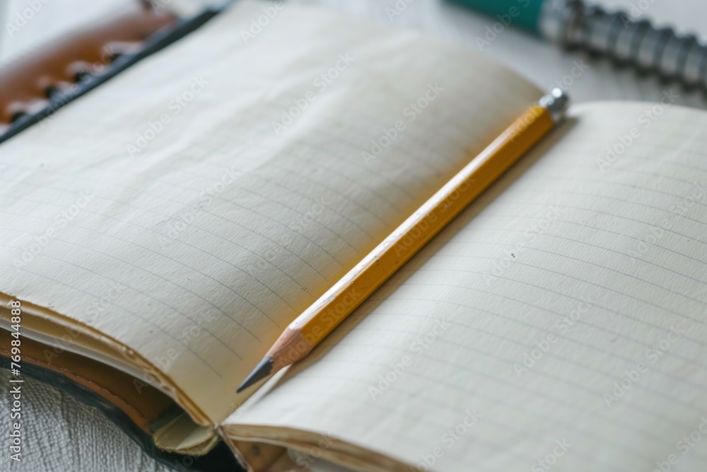 pencil lying across a blank page in an open notebook pencil lying across a blank page in an open notebook