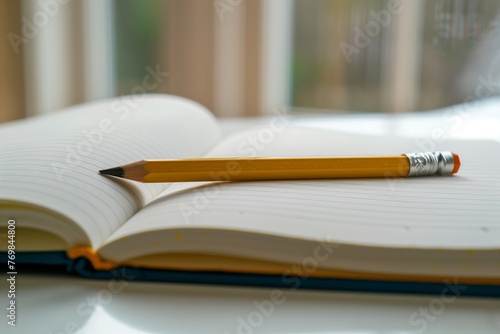 pencil lying across a blank page in an open notebook