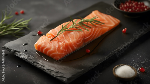 Fresh Raw Salmon Fillet with Herbs and Spices on Slate Background