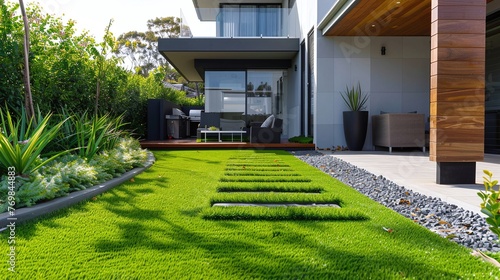 clean surface landscaping for front yard: contemporary lawn turf with wooden edging and artificial grass boundary decoration in modern Australian house