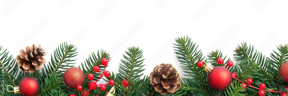 Festive Christmas Banner with Pine Branches and Holiday Decorations Festive Christmas Banner with Pine Branches and Holiday Decorations