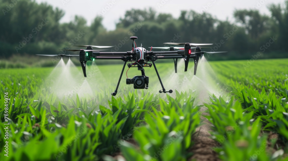 A drone spraying a field of crops A drone spraying a field of crops