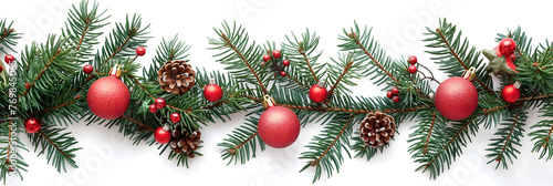 Festive Christmas Banner with Pine Branches and Holiday Decorations